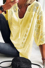 Load image into Gallery viewer, Casual Hollow Out Solid Drawstring V-neck T-shirt
